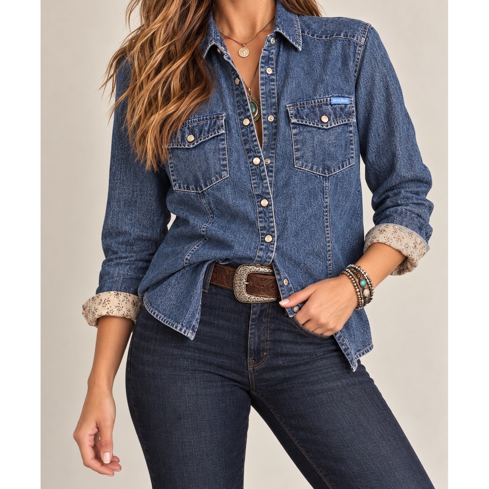 Duck Head Jeans Co Womens Large Denim Western Pearl Snap Shirt Floral Boho